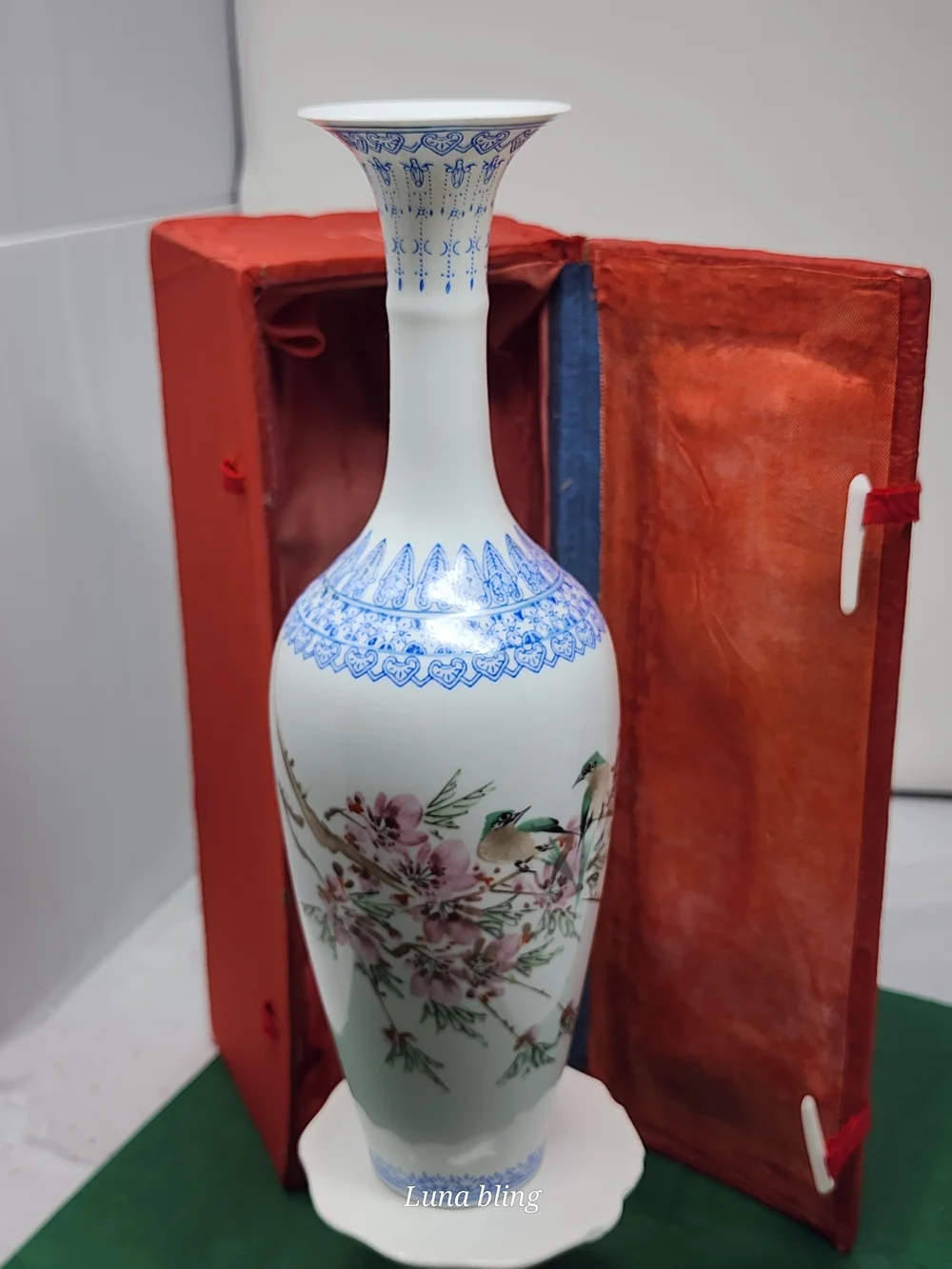 Porcelain Floral & Bird Tall Vase - Blue Accent